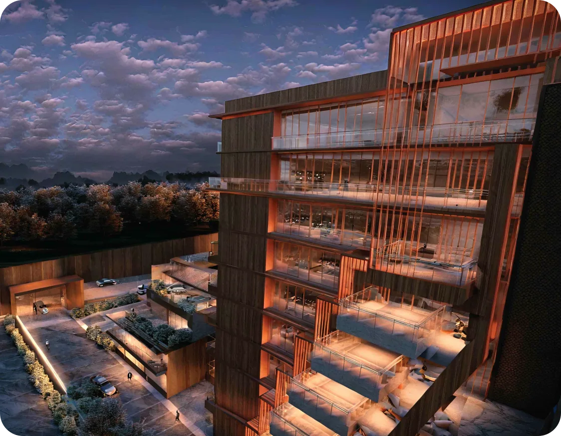 RG Orchids Gardenia tower facade with floating balconies at dusk